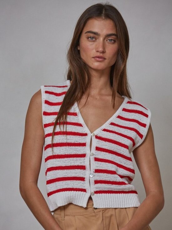 By Together Tops - Gayley Red and White Striped Knit Vest Top